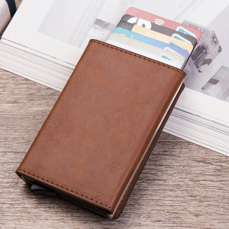 DIENQI Анти Rfid id держатель для карт Чехол Мужской кожаный металлический кошелек мужской кошелек для монет женский мини карбоновый кредитный держатель для карт на молнии - Цвет: brown