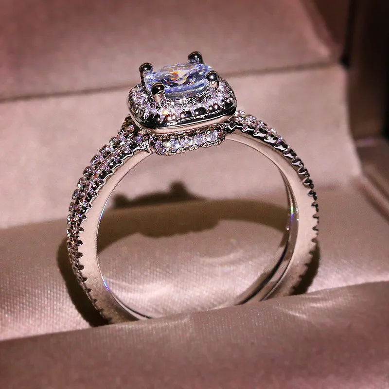 Luxury Female Crystal Zircon Stone Ring 925 Silver Color Wedding Finger Ring Promise Love Engagement Rings For Women