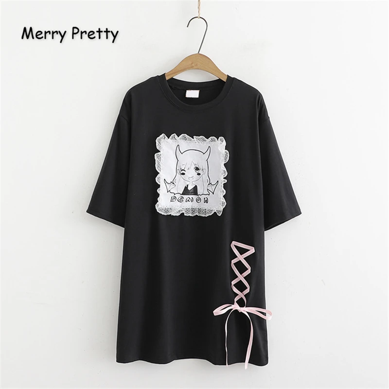 Merry Pretty, Хлопковые женские черно-белые футболки с мультяшной аппликацией,, футболка с коротким рукавом и круглым вырезом, женская футболка в стиле Харадзюку