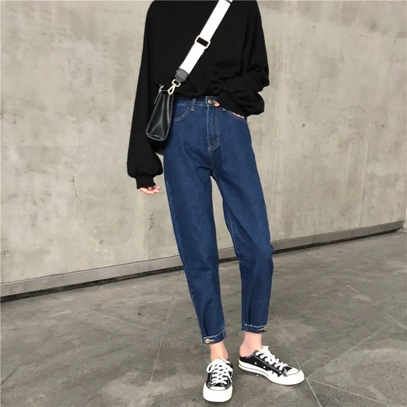 2019 сезон: весна–лето новые шаровары джинсы Высокая Талия Брюки шаровары Для женщин карманы на молнии джинсовые брюки женские свободные