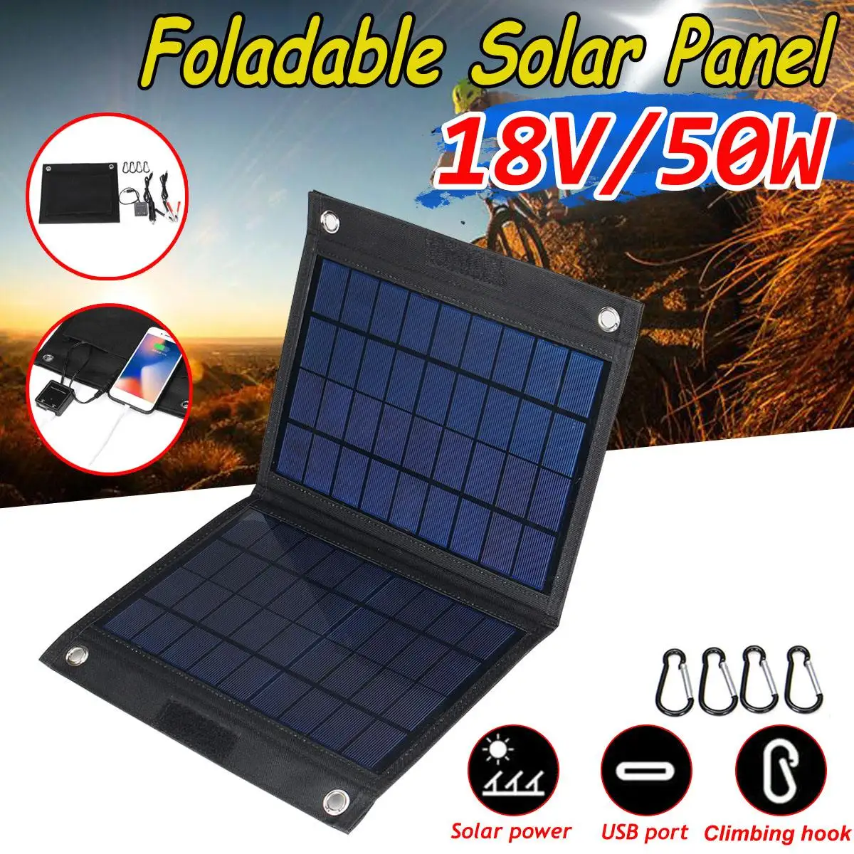 

50W 18V Foldable Solar Panel Dual USB Output Solar Cells Sunpower Solar Panel with Car Charger for Huawei/iPhone /Samsung