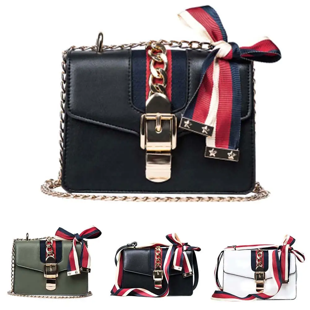 

Flap Faux Leather Crossbody Bags For Women Fashion Color Block Ribbon Bow Chain Shoulder Messenger Bag Lady Travel Handbags hot