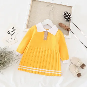 

WLG Girls Cute Dresses Kids Knitted Yellow Striped Turn Down Collar Long Sleeve Dress Baby Girl Cute Clothes for 1-6 Years