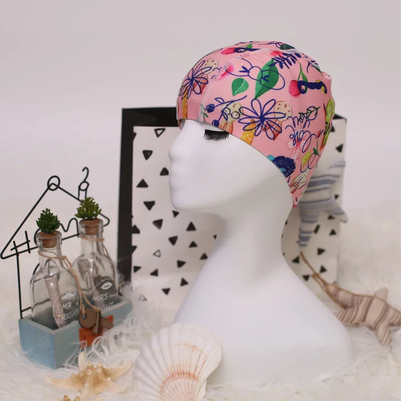 Flower Print Fabric Swimming Cap Swiming Pool Protect Long Hair Ears Hat Swim Bathing Hats Caps for Women Men Adults Ladies Hat