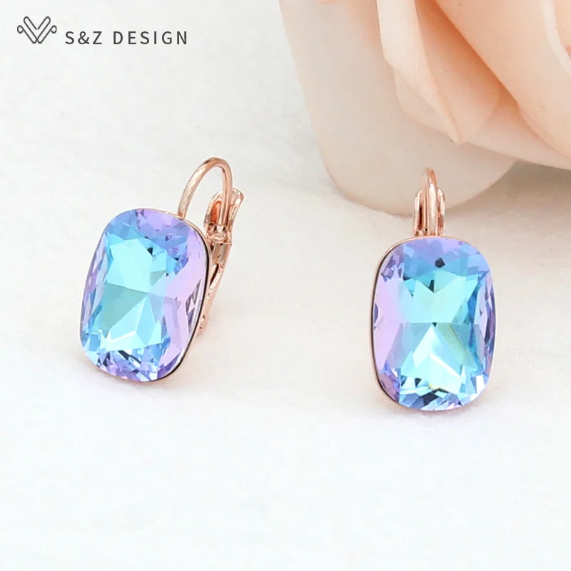 S&Z DESIGN Elegant 585 Rose Gold Color Square Crystal Dangle Earrings For Women Wedding Party Fashion Jewelry