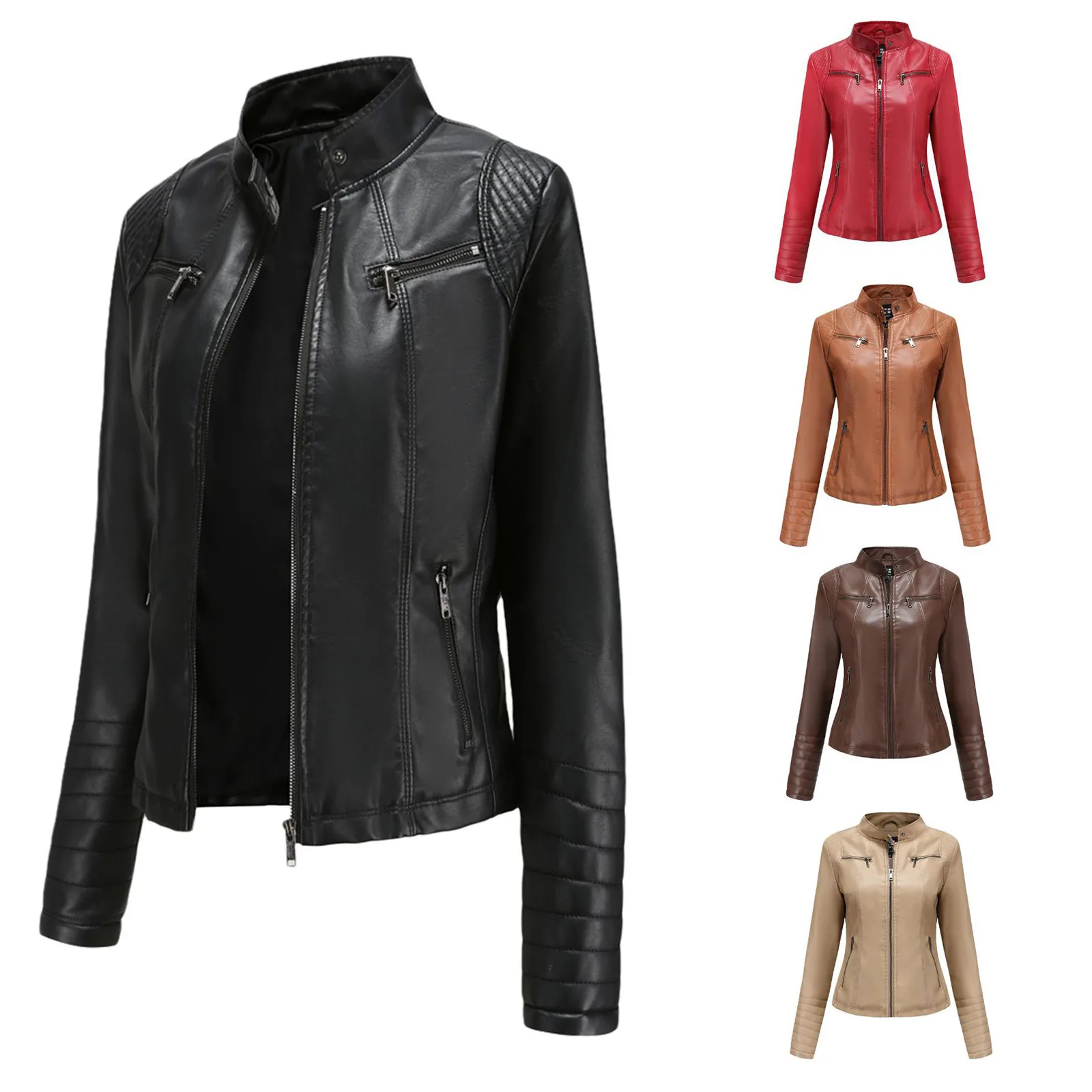 women slim leather jacket Spring Autumn Ladies Motorcycle Leather Jackets Women Turn-down Collar Zipper Slim Moto & Biker Jacket 1