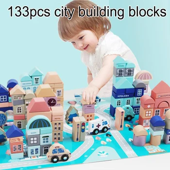 

DOLLRYGA 133pcs/set Wooden Architecture Building Blocks Early Educational Toy Geometric Assembling Building Blocks Colorful Wood