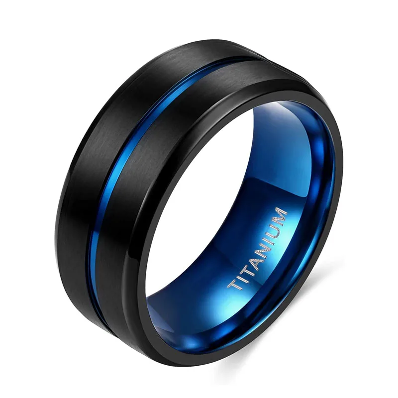Titanium Ring 6 mm 8 mm 10 Blue Center Groove Wedding Ring Unisex