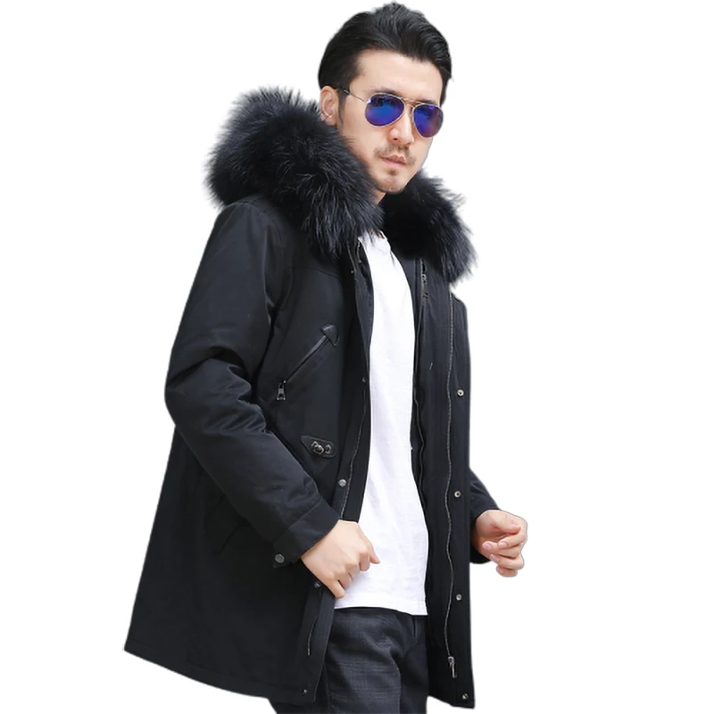 Пальто из натуральной кожи с мехом, одежда с воротником из лисьего меха, Мужское пальто, парки, подклад куртки из кроличьего меха, Мужская зимняя теплая верхняя одежда