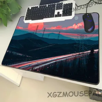 

XGZ Large Size Black Mouse Pad Lock Side Cartoon Scene Sunset Night View Laptop PC Table Mat Watercolor Printing Rubber Non-slip
