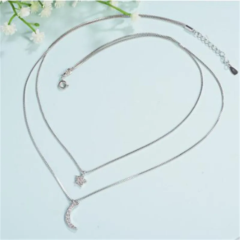 925 Sterling Silver Micro Zirconia Moon Star Short Necklace+Earrings Jewelry Sets For Women Girl Gift