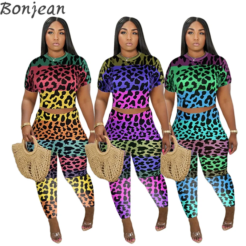 

Sport Leopard Women Suit Two Pieces Sets Tracksuit Short Sleeve Crop Top Jogger Sweatpant Sports 2 Pieces Outfit Matching Set