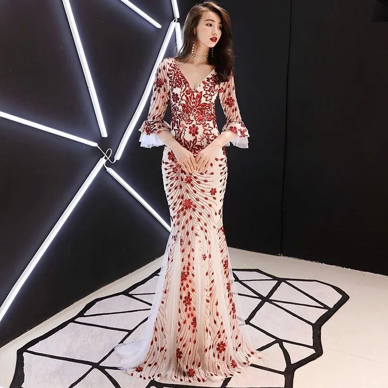 Женские вечерние платья с v-образным вырезом и расклешенными рукавами, модное вечернее Элегантное Длинное Платье макси с блестками для выпускного вечера, бальное платье, Vestido XS-3XL