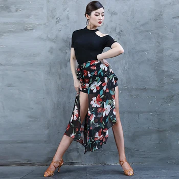 

Latin Dance Practice Clothes Female Professional Performance Costume Lady Sexy Rumba Dress Black Short Tops Flower Skirt DQL2203