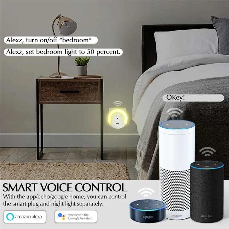 Мини WI-FI Smart Plug 2-в-1 светодиодный Ночной свет Смарт WI-FI розетка с зарядка через usb Порты и разъёмы интеллектуальное голосовое Управление переходник штепсельная вилка стандарта США