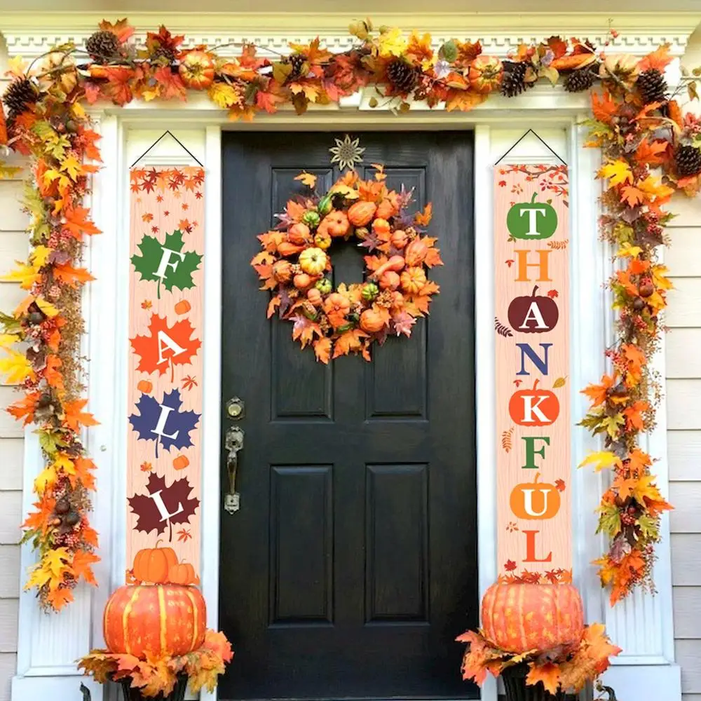 

HUIRAN Thankful Fall Banner Fall Porch Sign Autumn Decoration Thank Harvest Happy Fall Hanging Banner Flag for Yard Outdoor