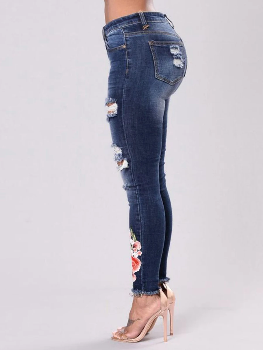 AliExpress Wish Color Elasticity with Holes Embroidery Hot Sales Cowboy High Waist Pants Women