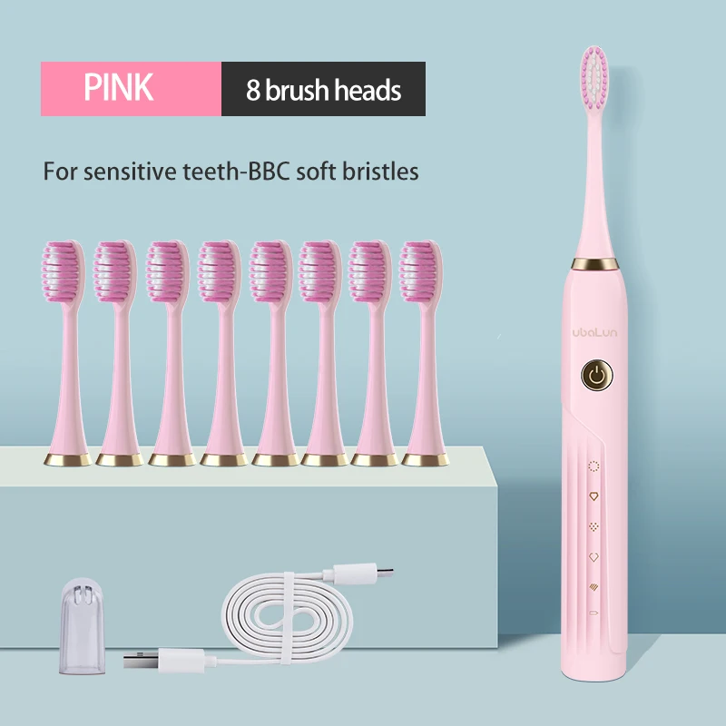 BBC PINK 8 HEADS UBALUN электрическая зубная щетка Магнитная подвеска электрическая перезаряжаемая зубная щётка ультра звуковая электрическая зубная щетка 5 8 насадок - Цвет: BBC PINK 8 HEADS