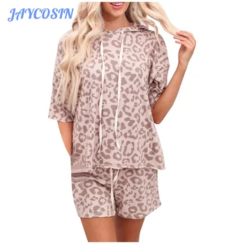 

JAYCOSIN Tracksuit Women Leopard Print Hoodies T-shirts And Elastic Waist Shorts Summer Women Suit Pajama Set ensemble femme F25