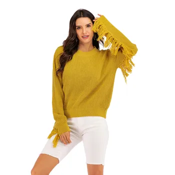 

Fashion Women Knitted Solid Color Tassels Full Sleeve Loose Sweater Casual Blouse Tees Tops Femal Sweatshirt Camiseta Mujer