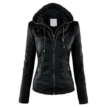 

New Women Convertible Collar Faux Leather Coat Detachable Hooded Jacket Little