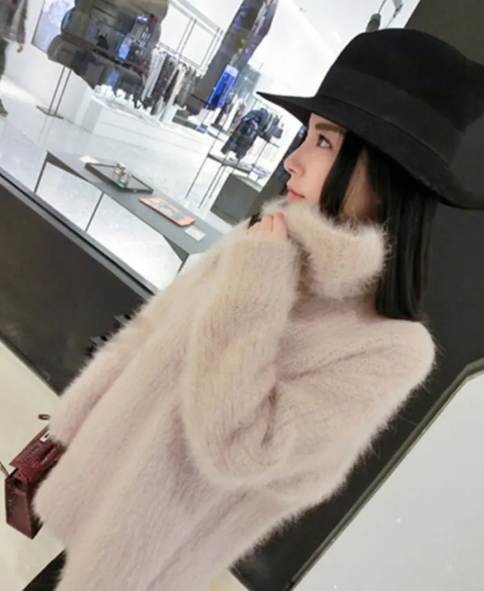 Негабаритный Свободный пуловер из искусственной норки и бархата с высоким воротом, пушистый свитер, длинные трикотажные рубашки с длинными рукавами, платье с кроликом, плюшевые Топы