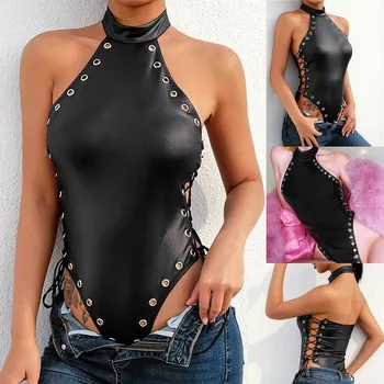 

2020 Fashion Women Sleeveless Bodysuits Sexy Bandage Black One-piece Blackless Bodysuit Jumpsuit Teddy Lingerie Drop Shipping
