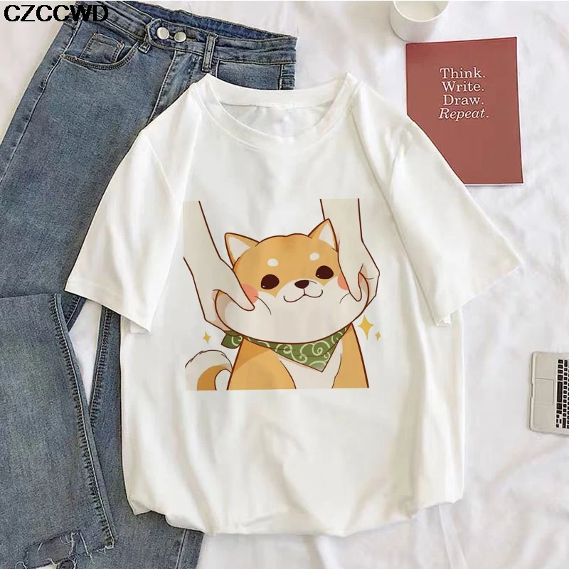 Футболка женская с круглым вырезом милый топ графическим принтом Сиба ину в