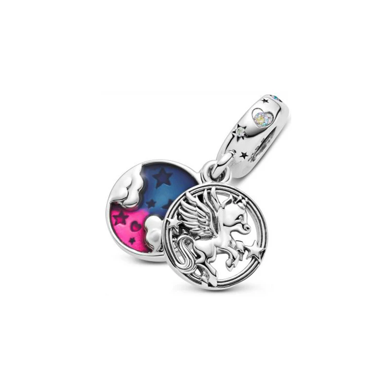 

2020 Winter New 925 Sterling Silver Beads Magical Unicorn Double Dangle Charm fit Original Pandora Bracelet Christmas Jewelry