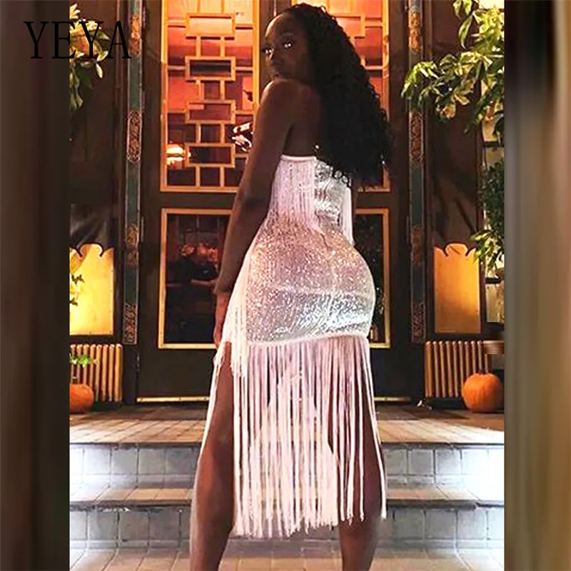 

YEYA Strapless Women's Tassel Sequined Dress Big Size L-4XL Sexy Spaghetti Strap Nightclub Party Dres Dance Clubwear Large Size