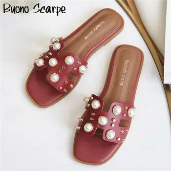 

Buono Scarpe Pearl Women Slippers Flat Casual Real Leather Shoes Summer Girls Slides Beach Shoes Rivets Brand Designed Shoes New