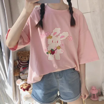 

Pink Summer Lovely Cartoon Rabbit Pattern T-shirt Tee Tops Japanese Harajuku Young Girl Cotton Short Sleeve T shirt Ulzzang