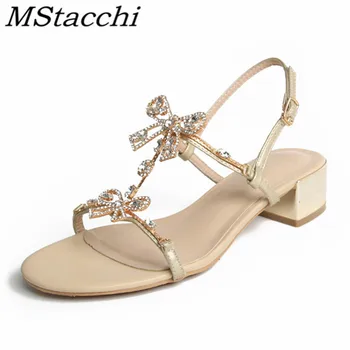 

MStacchi Crystal Sandals Women Sexy Chunky Heel Buckle Rome Shoes Butterfly-Knot Leather Round Toe Women Shoes Fashion Sandals