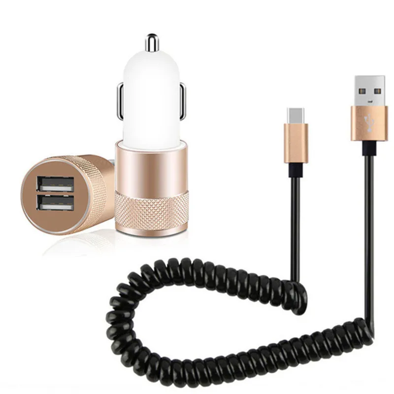 Автомобильное зарядное устройство с 2 портами и пружинным USB кабелем для iPhone Xiaomi Mi