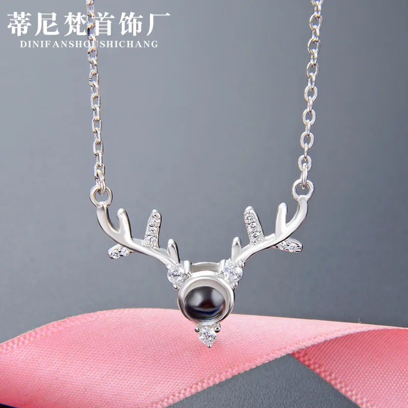 

S925 Fine Silver Antlers Projection 100 Kind Language I Love You Necklace Douyin Celebrity Style Deer You Choker Women's