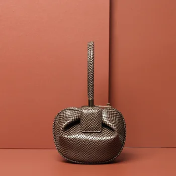 

Cow Leather 2020 Ladies Hand-carved Retro Dumplings Wonton Wrap Snake Bag Luxury Handbags Women Bags Designer