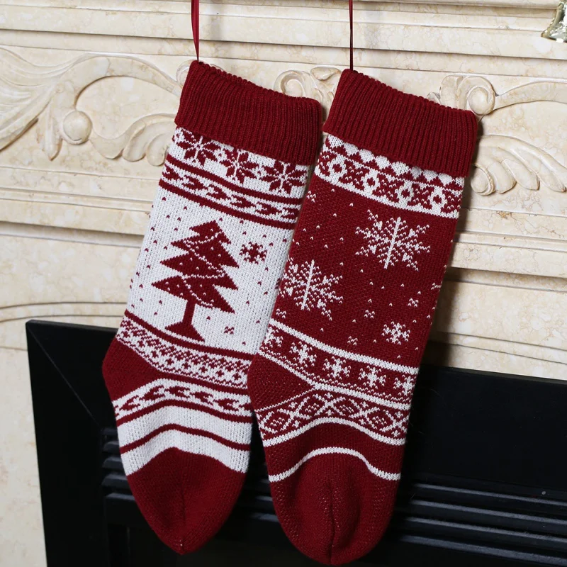 1 шт., Рождественские Носки с рисунком елки и снега, акриловые декоративные Чулочные изделия, подарочные носки с орнаментом, висящий декор с кольцом для конфет