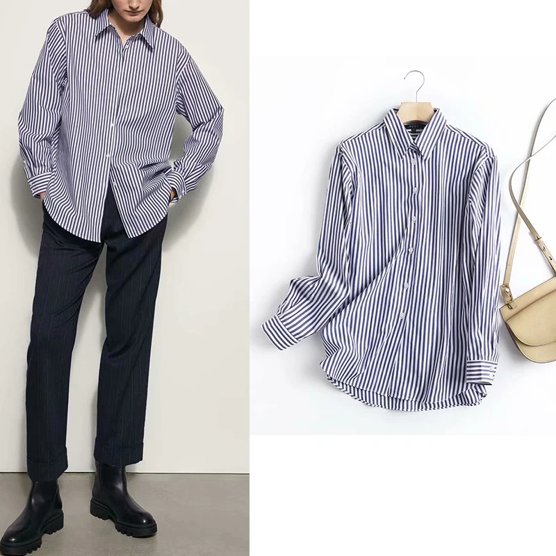 

Women Shirts Za Fashion 2021 Striped Print Office Lady Long Sleeve Shirts Elegant Spring Blouse Cotton Blouse Mujer Tops