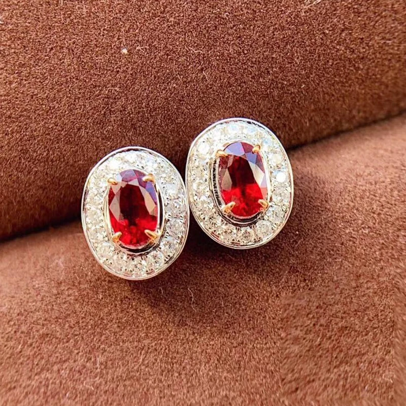 AEAW Твердое 18 к белое золото 0.58ctw/пара 0.226ct Овальный натуральный рубин с натуральным сережки с настоящим бриллиантом для женщин