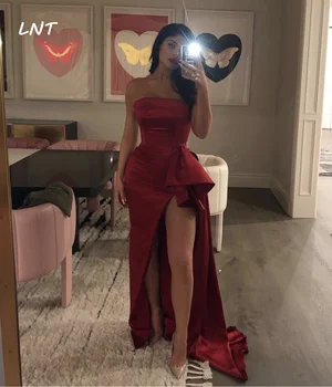 

Strapless Dark Red Long Evening Gown with Slit Formal Occasion Dress Pageant