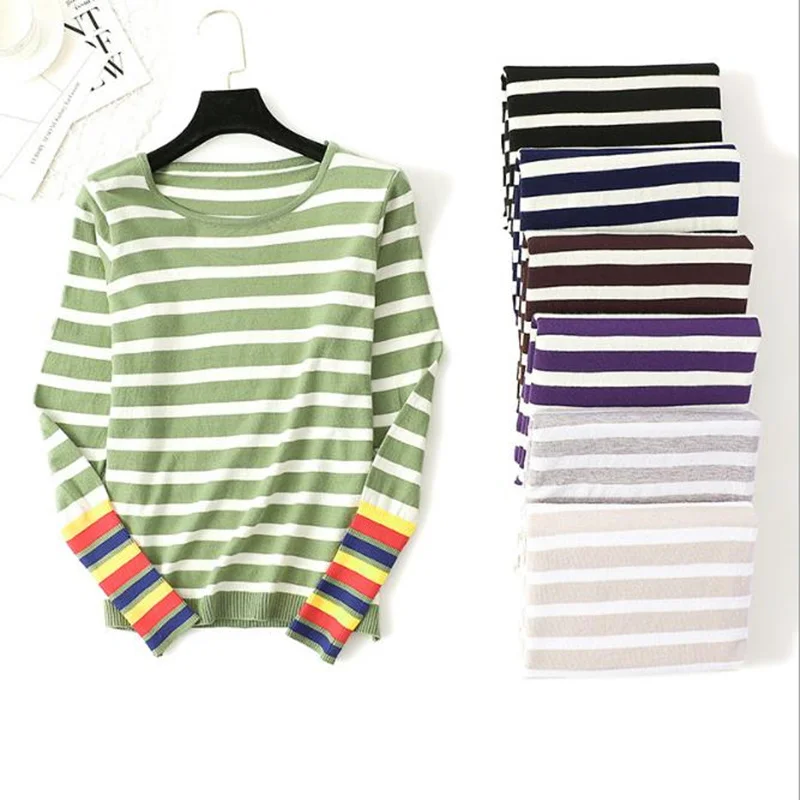 

Fashion Casual Autumn Winter Knitted Women Striped Sweater O-neck Female Rainbow sleeve Basic Bottoming Tops white black