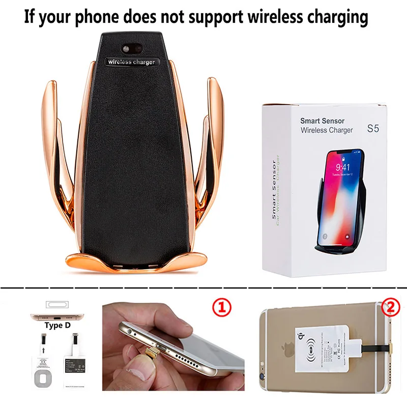 Gold-for iPhone Горячая Распродажа, умный датчик S5, автомобильное беспроводное зарядное устройство, держатель для телефона, подставка QC Qi 10 Вт, быстрая зарядка для Iphone XR, samsung, HuaWei, XiaoMi - Цвет: Gold-for iPhone