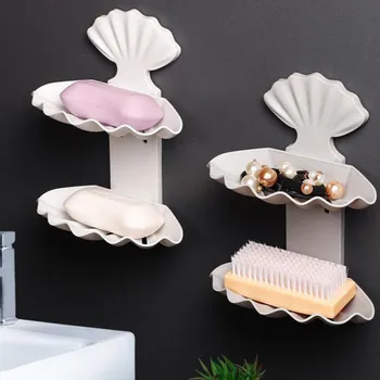 

Drain Soap Storage Rack Dish Sponge Holder Strong Wall Mounted Kitchen Bathroom Accessories Double Layer Shell Shaped