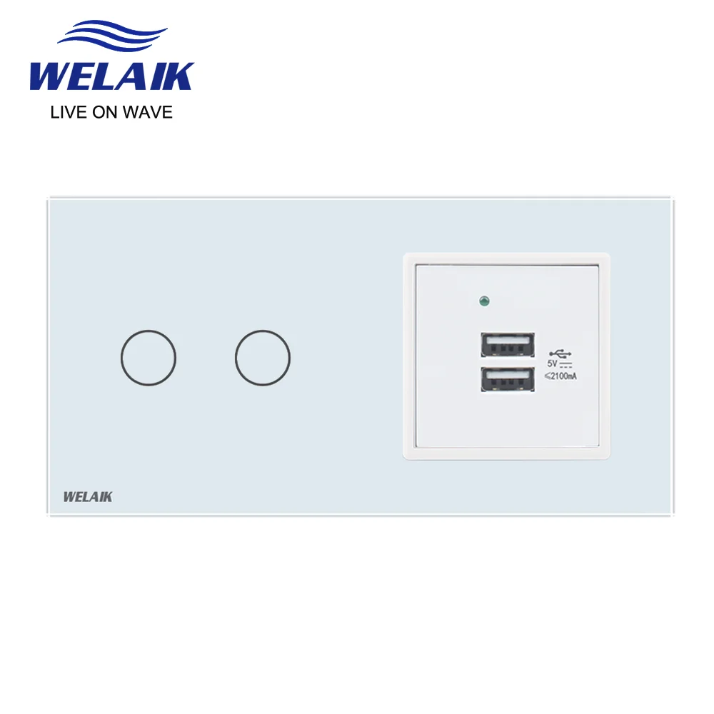 Welaik бренд 2 Рамки 2gang1way USB гнездо Кристалл Стекло Панель настенный выключатель ЕС