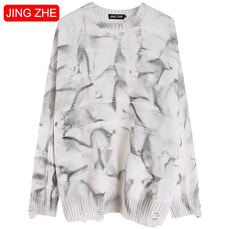 

JING ZHE Winter Men Sweaters Hole Knitwear Tie-dyed Knitted Sweater Oversize Pullover Male Clothes Distressed Hipster Streetwear