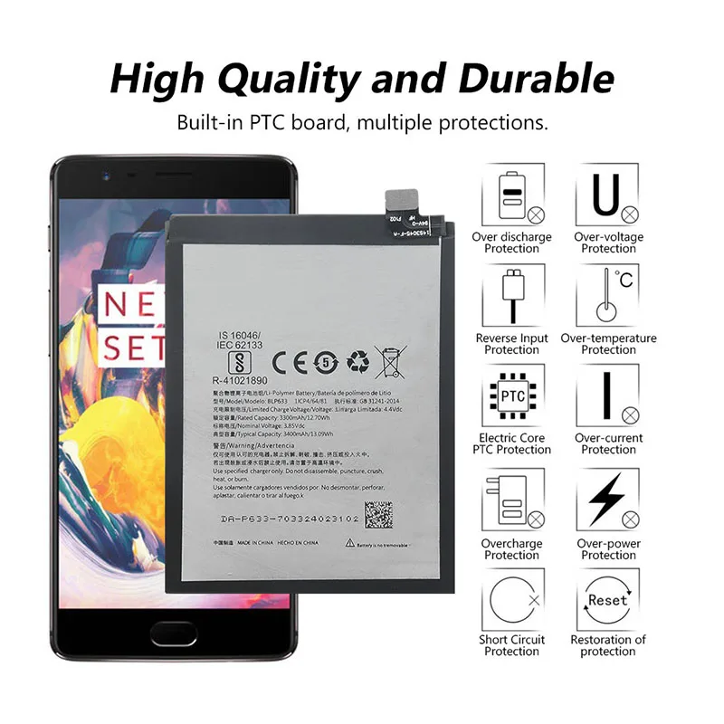 Высокое качество BLP633 Батарея для OnePlus 3T A3010 3400 мА-ч