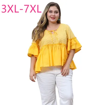 

New 2020 summer plus size blouse for women large loose casual short bell sleeve yellow V neck ruffle shirt 3XL 4XL 5XL 6XL 7XL