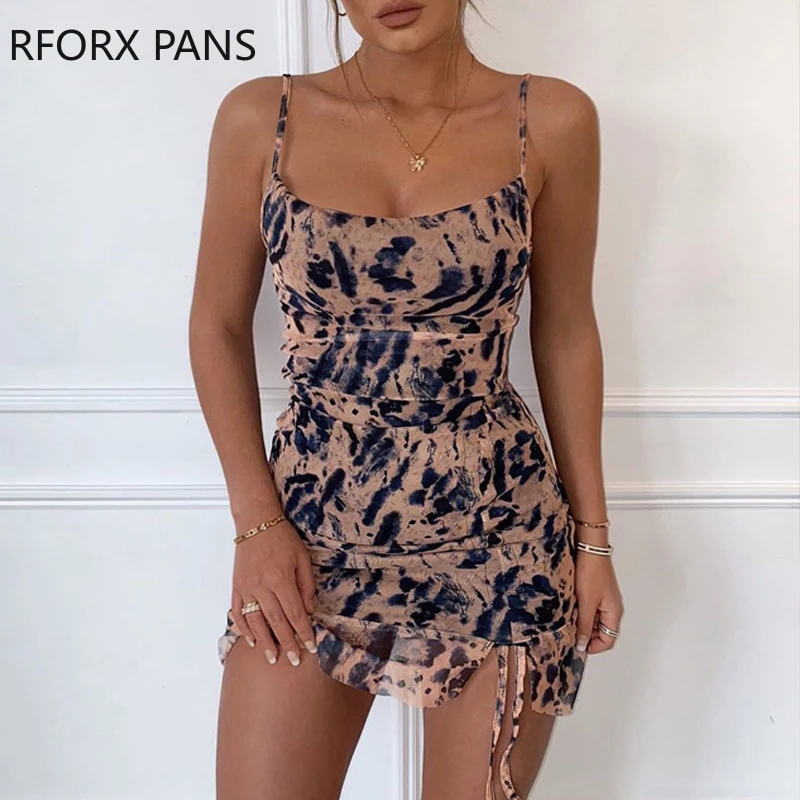 Bodycon com Gola Feminino com Alça Vestido Redonda Espaguete Estampa Animal