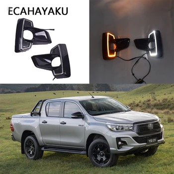 

ECAHAYAKU For Toyota Hilux Revo Rocco 2018 2019 DRL LED Daytime Running Lights ABS Fog lamp Cover With Yellow Turn Signal light