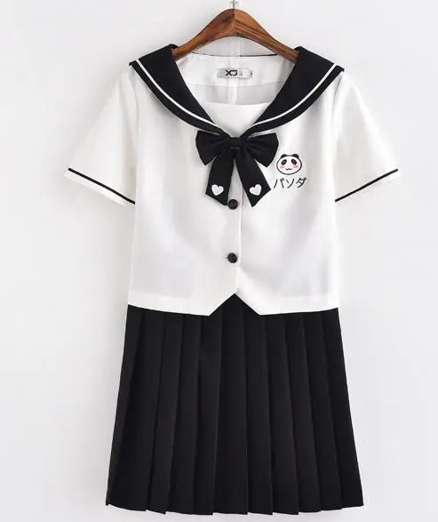 Short Sleeve Sets Японский стиль JK униформа моряка Милая панда вышивка школьная форма для девочек ортодоксальный женский студенческий костюм Falda Colegiala - Цвет: Short Sleeve Sets